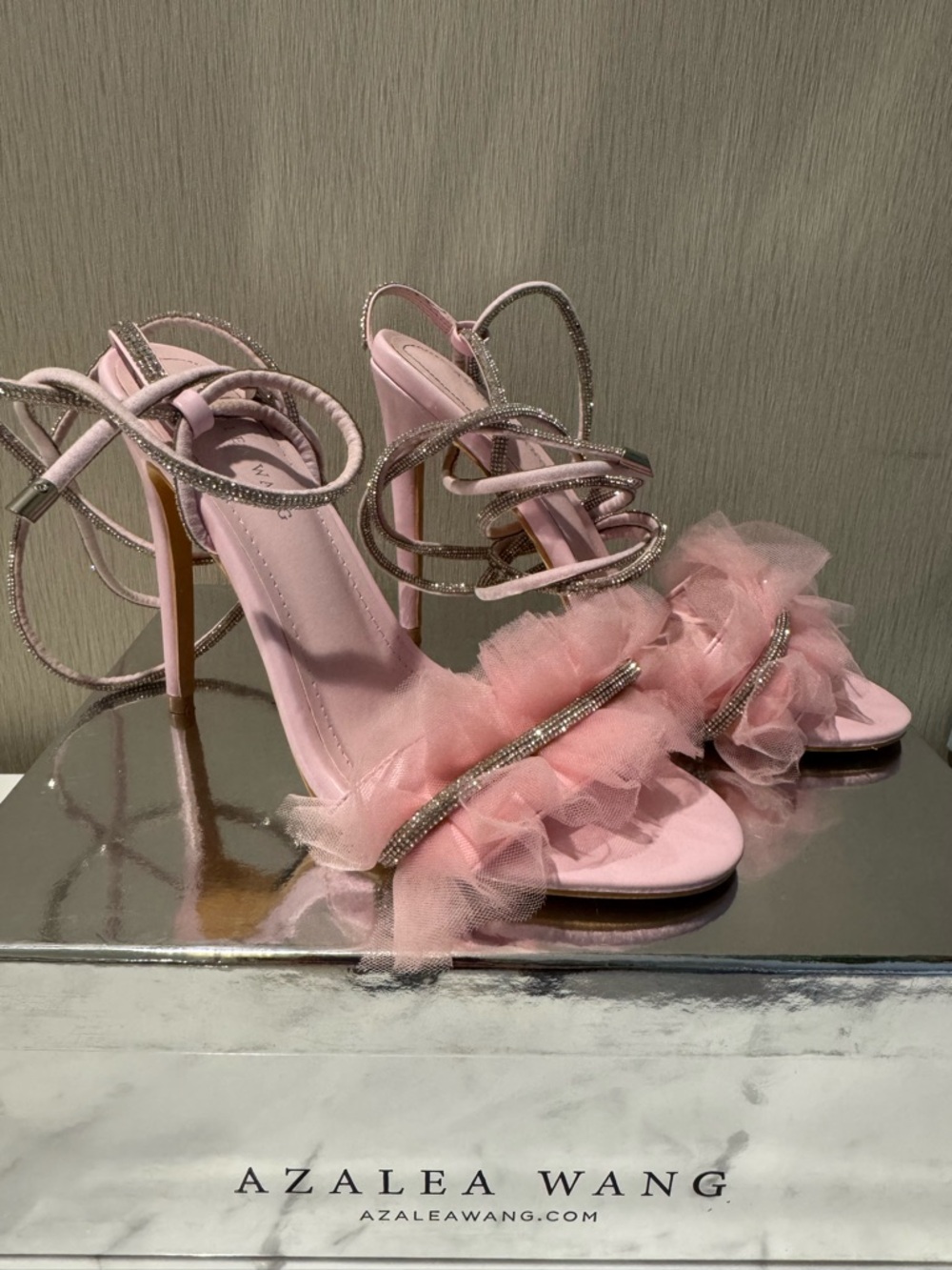 Azalea Wang Pink Tulle & Crystal Strap High-Heel Sandals
